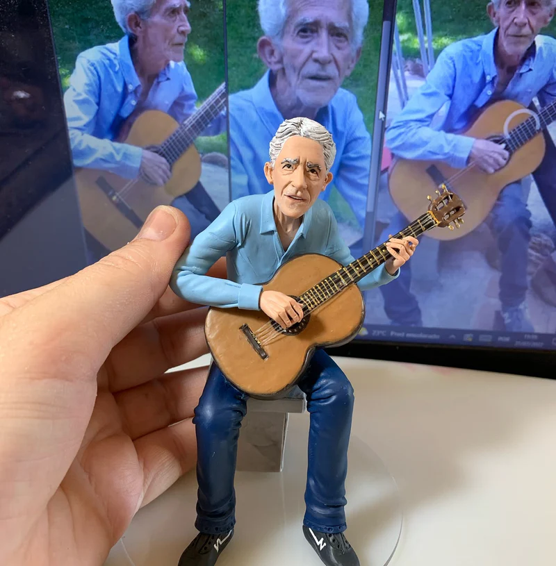 Miniatura de senhor idoso tocando violão com fotos de referência ao fundo